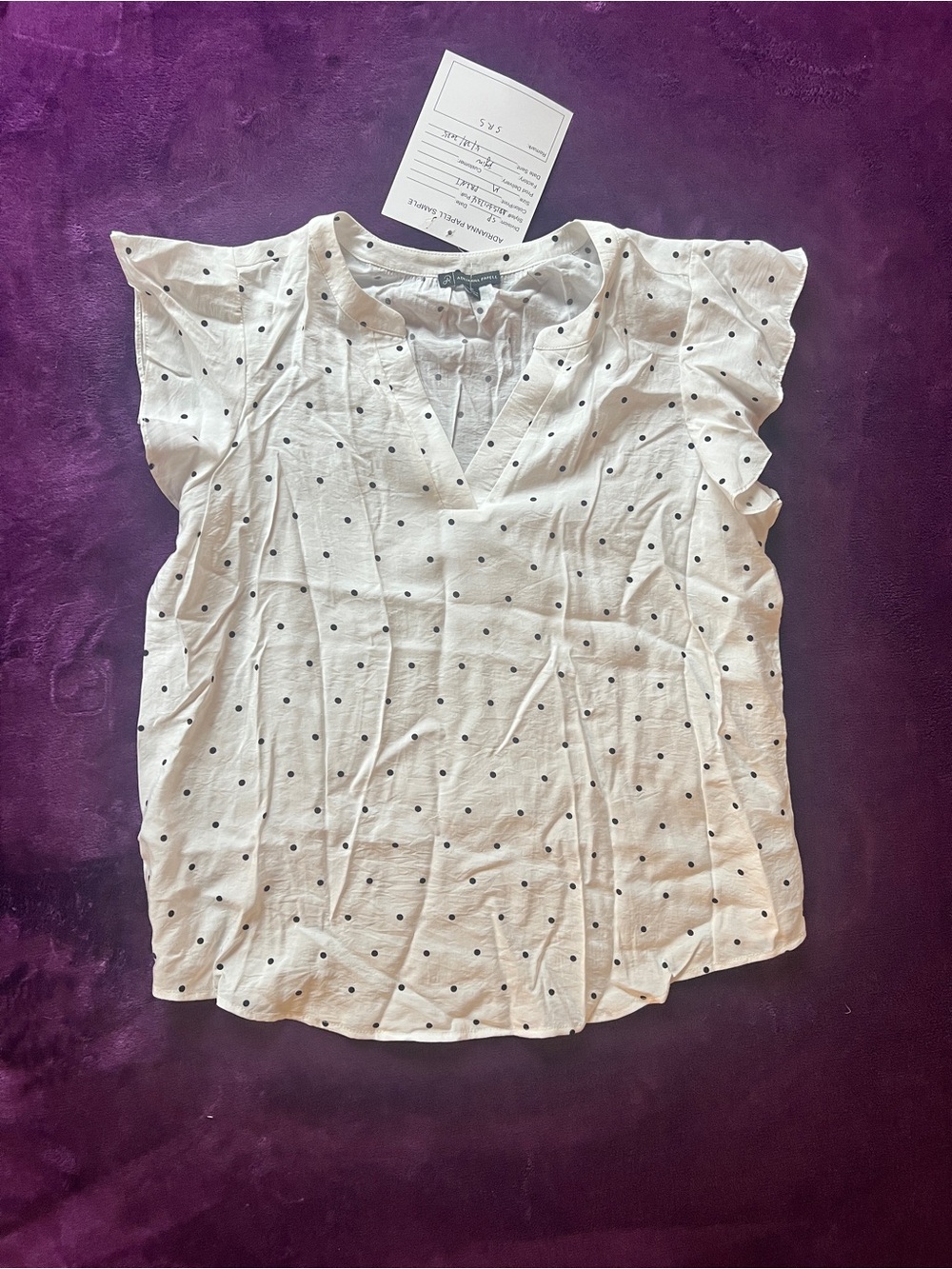 Adrianna Papell Ivory Polka Dot Flutter Sleeve V-Neck Top Size M